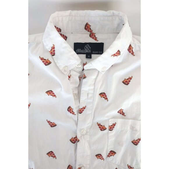 Molokai Surf Co Men's Medium Short Sleeve Button Shirt White Cotton Pizza Design - Picture 4 of 9